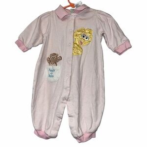Vintage Sesame Street Muppet baby big bird bear Pink Striped romper sz 3-6m